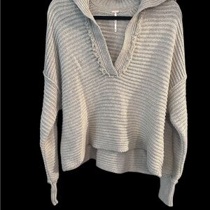 Free People Tan V-Neck Ribbed Knit Sweater